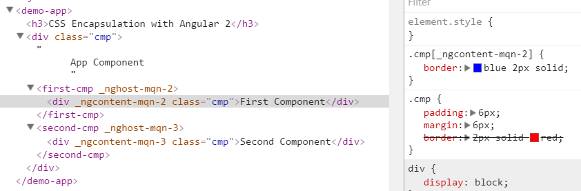 Rendered output of Angular CSS encapsulation