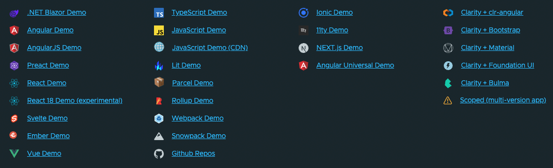 Many frameworks supported with the Clarity Design System